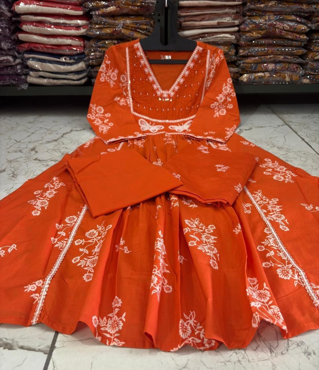 Orange Cotton Discharge Printed Suit Set with Embroidery